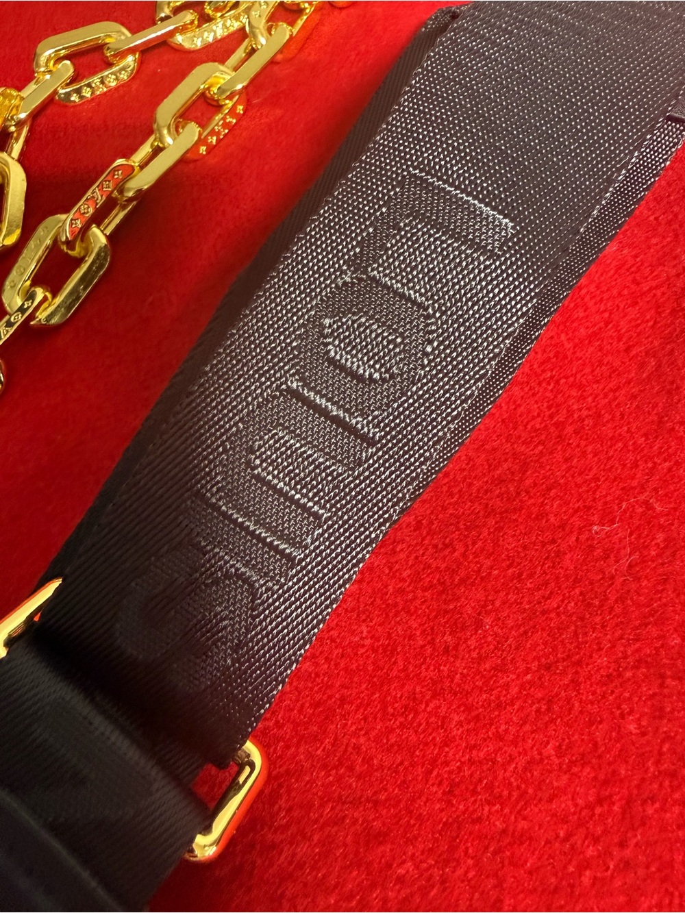 LVBlack Embossed Monogram Leather Pouch with Gold Hardware and shoulder straps - Picture 8 of 10